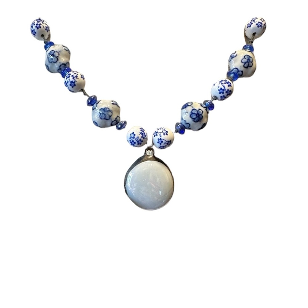 Vintage Blue and White Beaded Necklace with Mother of Pearl Pendant Handmade